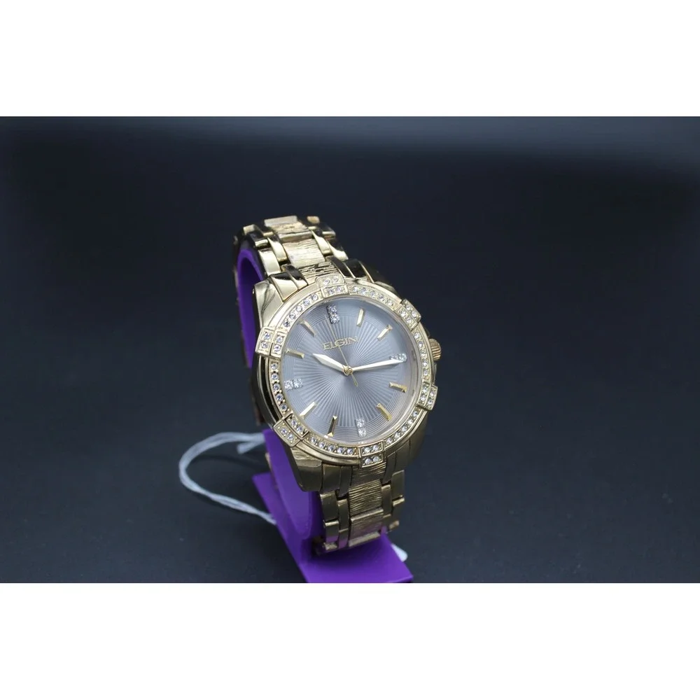 Elgin Men's Gold Tone Crystal Accent Quartz Watch Sunburst Dial Japan Movt‎